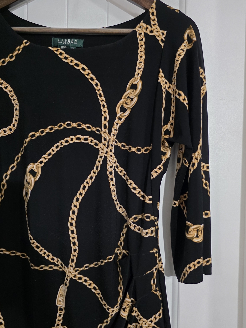 Lauren Ralph Lauren Chain Print Ruched Dress Black Gold 12P Equestrian Stretch - Picture 5 of 14